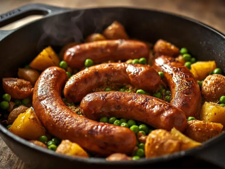 Easy One-Pan Curried Sausages with Potatoes & Peas