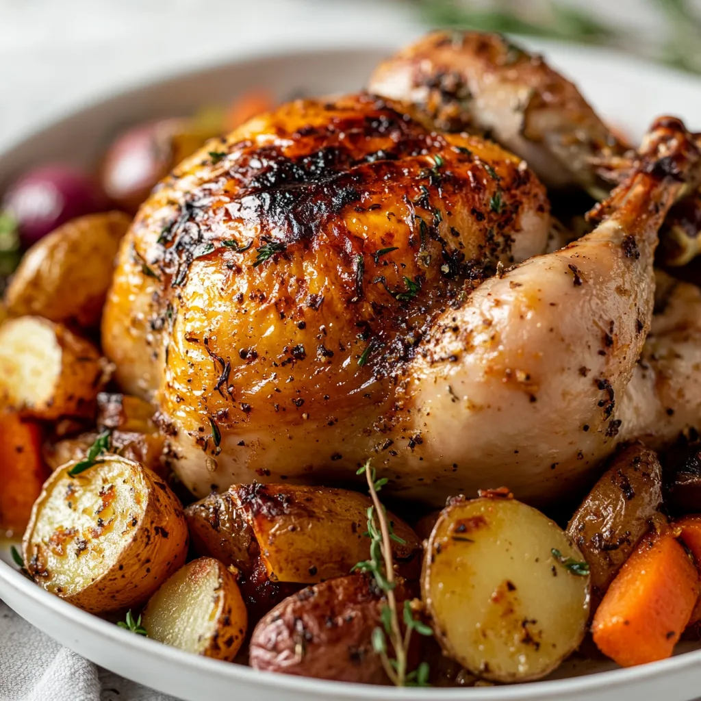 Herb-Infused Garlic Roasted Chicken with Rustic Vegetables is a delightful meal that captures the essence of home-cooked comfort food. Featuring a succulent whole chicken flavored with an aromatic blend of garlic and fresh herbs, this recipe brings together the heartiness of rustic vegetables such as carrots, potatoes, and onions. The roasting process not only enhances the natural flavors of the chicken and vegetables but also fills your kitchen with an enticing aroma that will make everyone eagerly anticipate mealtime.