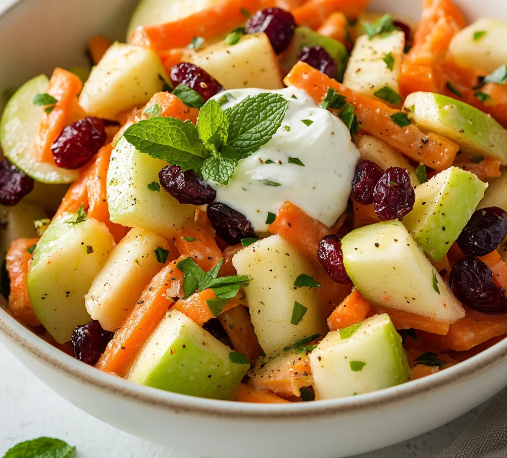 The Crisp and Zesty Apple Cranberry Carrot Salad is a refreshing dish that celebrates the vibrant flavors of fresh fruit and vegetables. This salad beautifully combines sweet and tart elements, creating a delightful symphony of tastes and textures. The crunchy apples and carrots provide a satisfying bite, while the dried cranberries and walnut add layers of flavor. This colorful dish not only looks appealing but is also packed with nutrients, making it a perfect addition to your meal rotation.