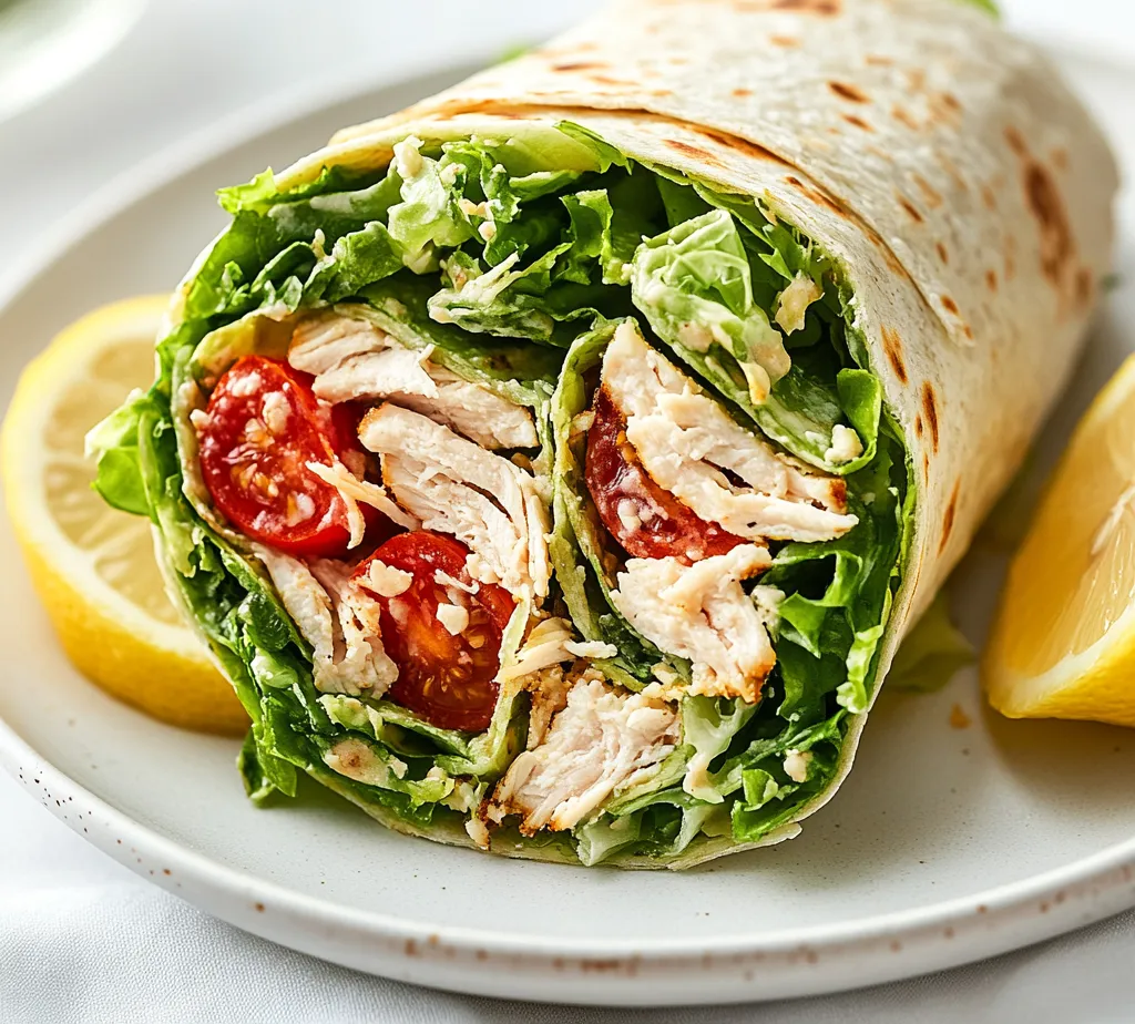 The Savory Chicken Caesar Wrap Delight is a delicious and easy-to-make dish that combines the classic flavors of a Caesar salad with the convenience of a wrap. Perfect for lunch, a quick dinner, or even a picnic, this wrap brings together tender chicken, crunchy romaine lettuce, and a creamy Caesar dressing, all enveloped in a soft flour tortilla. Each bite is a delightful mix of textures and flavors, complemented by grated Parmesan and fresh cherry tomatoes, offering both satisfaction and nourishment.