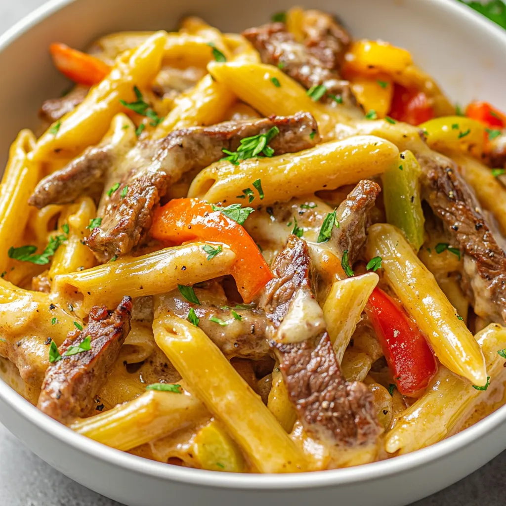 The fusion of classic flavors comes alive in the delightful Philly Cheesesteak Pasta Skillet. This mouthwatering dish combines the heartiness of a traditional cheesesteak with the comfort of pasta, making it an ideal choice for weeknight dinners or gatherings. Imagine tender sirloin steak complemented by sautéed bell peppers and onions, all enveloped in a rich, creamy sauce and perfectly al dente pasta. Each bite is a flavorful reminder of the iconic sandwich it draws inspiration from.