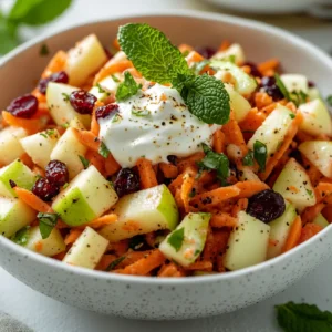 The Crisp and Zesty Apple Cranberry Carrot Salad is a refreshing dish that celebrates the vibrant flavors of fresh fruit and vegetables. This salad beautifully combines sweet and tart elements, creating a delightful symphony of tastes and textures. The crunchy apples and carrots provide a satisfying bite, while the dried cranberries and walnut add layers of flavor. This colorful dish not only looks appealing but is also packed with nutrients, making it a perfect addition to your meal rotation.