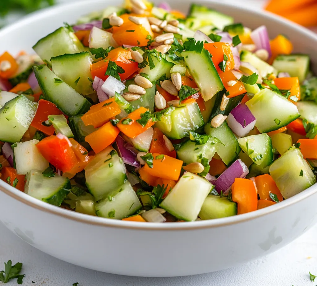 The Crisp Cucumber, Carrot, and Celery Medley is a refreshing and vibrant salad that combines an array of crunchy textures and bright flavors. Perfect for summer gatherings or as a light side dish to accompany any meal, this salad is not only visually appealing but also packed with nutrients. The medley features fresh, raw vegetables tossed in a light, zesty dressing that enhances their natural taste. The colorful mixture not only serves as a feast for the eyes but also delivers a delightful crunch with every bite.