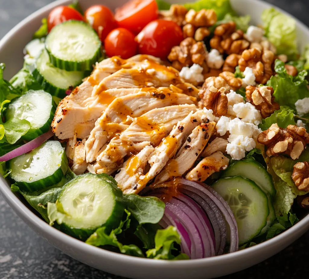 Discover the delightful combination of flavors in this Savory Honey Mustard Chicken Salad. This refreshing dish brings together tender chunks of chicken breast and a lively mix of fresh vegetables, creating a meal that perfectly balances nutritional value with taste. It's a beautiful medley of vibrant ingredients, layered with sweet honey and tangy Dijon mustard dressing, making every bite a flavor-packed experience. Ideal for a light lunch, a satisfying dinner, or even a quick snack, this chicken salad is both versatile and delicious.