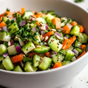 The Crisp Cucumber, Carrot, and Celery Medley is a refreshing and vibrant salad that combines an array of crunchy textures and bright flavors. Perfect for summer gatherings or as a light side dish to accompany any meal, this salad is not only visually appealing but also packed with nutrients. The medley features fresh, raw vegetables tossed in a light, zesty dressing that enhances their natural taste. The colorful mixture not only serves as a feast for the eyes but also delivers a delightful crunch with every bite.