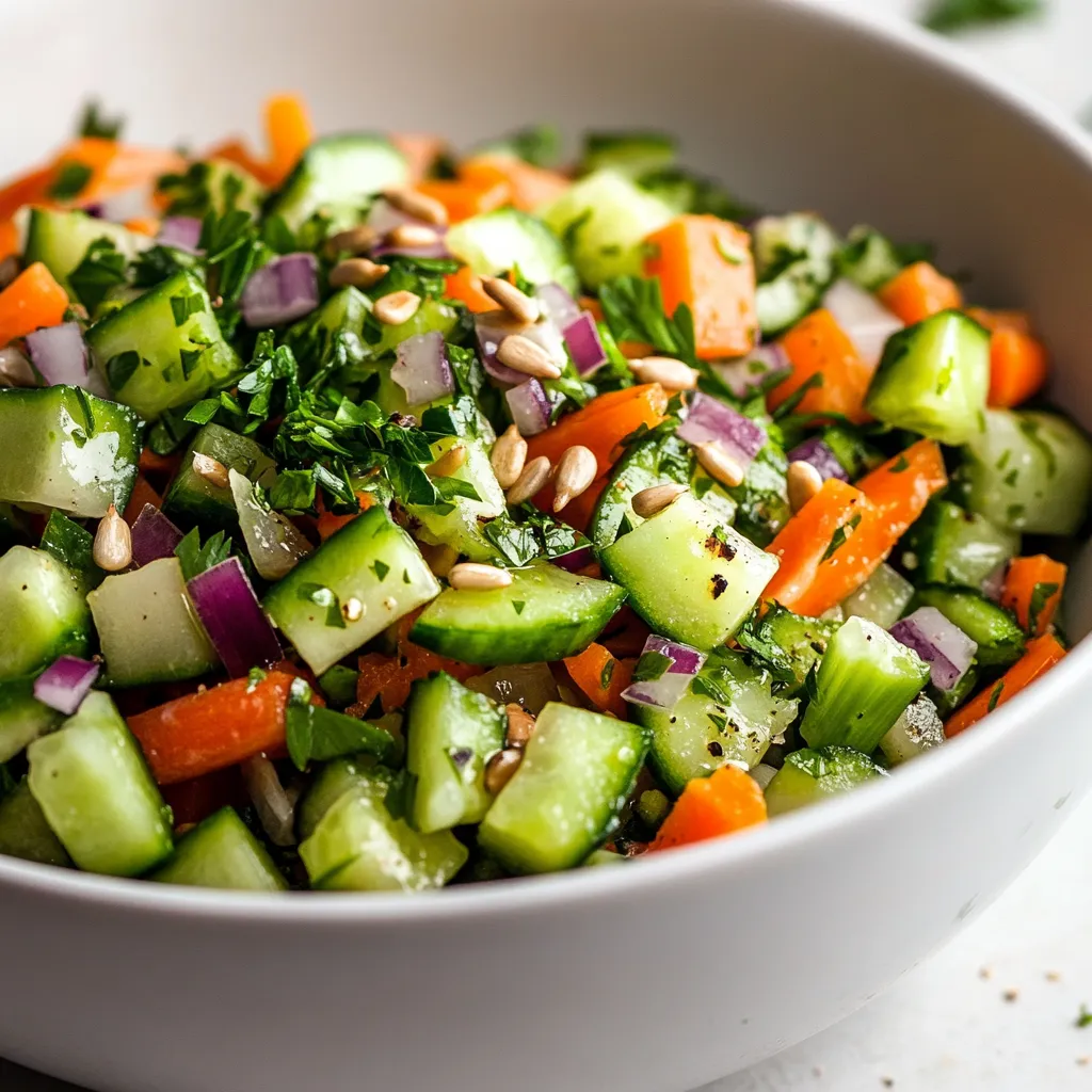 The Crisp Cucumber, Carrot, and Celery Medley is a refreshing and vibrant salad that combines an array of crunchy textures and bright flavors. Perfect for summer gatherings or as a light side dish to accompany any meal, this salad is not only visually appealing but also packed with nutrients. The medley features fresh, raw vegetables tossed in a light, zesty dressing that enhances their natural taste. The colorful mixture not only serves as a feast for the eyes but also delivers a delightful crunch with every bite.