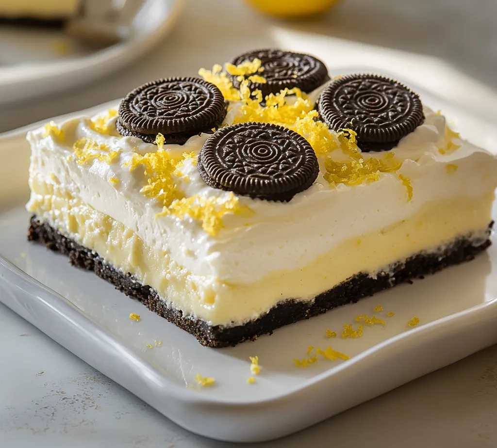 The Divine Lemon Oreo Delight is a tantalizing dessert that brings together the rich flavors of Oreo cookies and the refreshing zest of lemon. This layered treat is not only visually appealing with its striking yellow and black contrast but also promises a burst of delightful flavors with every bite. The combination of the crunchy Oreo crust, luscious cream cheese layer infused with zesty lemon, and rich lemon curd creates a harmonious blend that is hard to resist. Whether you are preparing for a festive gathering or simply treating yourself after a long day, this dessert is sure to satisfy any sweet craving while standing out as a showstopper at any occasion.