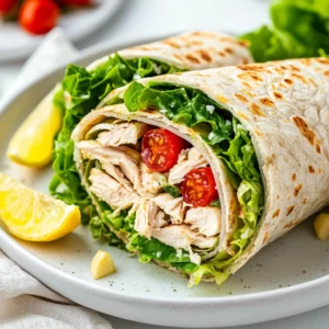 The Savory Chicken Caesar Wrap Delight is a delicious and easy-to-make dish that combines the classic flavors of a Caesar salad with the convenience of a wrap. Perfect for lunch, a quick dinner, or even a picnic, this wrap brings together tender chicken, crunchy romaine lettuce, and a creamy Caesar dressing, all enveloped in a soft flour tortilla. Each bite is a delightful mix of textures and flavors, complemented by grated Parmesan and fresh cherry tomatoes, offering both satisfaction and nourishment.