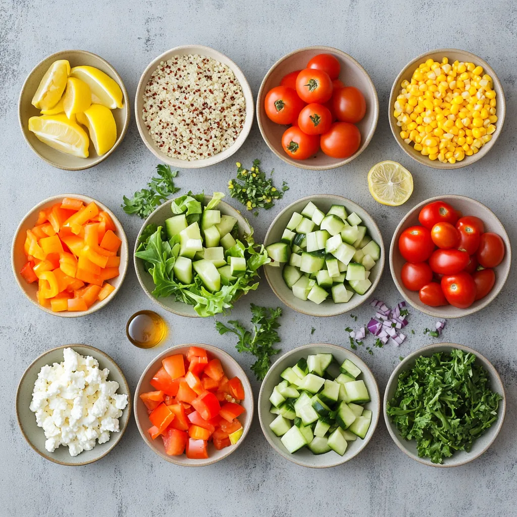 The Sunshine Salad is a delightful medley of colors, textures, and flavors that perfectly encapsulates the freshness of a warm, sunny day. This refreshing dish melds the crispness of fresh vegetables with the heartiness of quinoa, creating a satisfying meal option that shines not only in taste but also in visual appeal. Each ingredient contributes to a vibrant display: the greens are a lush backdrop, while the cherry tomatoes, bell peppers, and corn bring bursts of color and sweetness. It's an invitation to experience the wholesome essence of the outdoors in a single bowl.