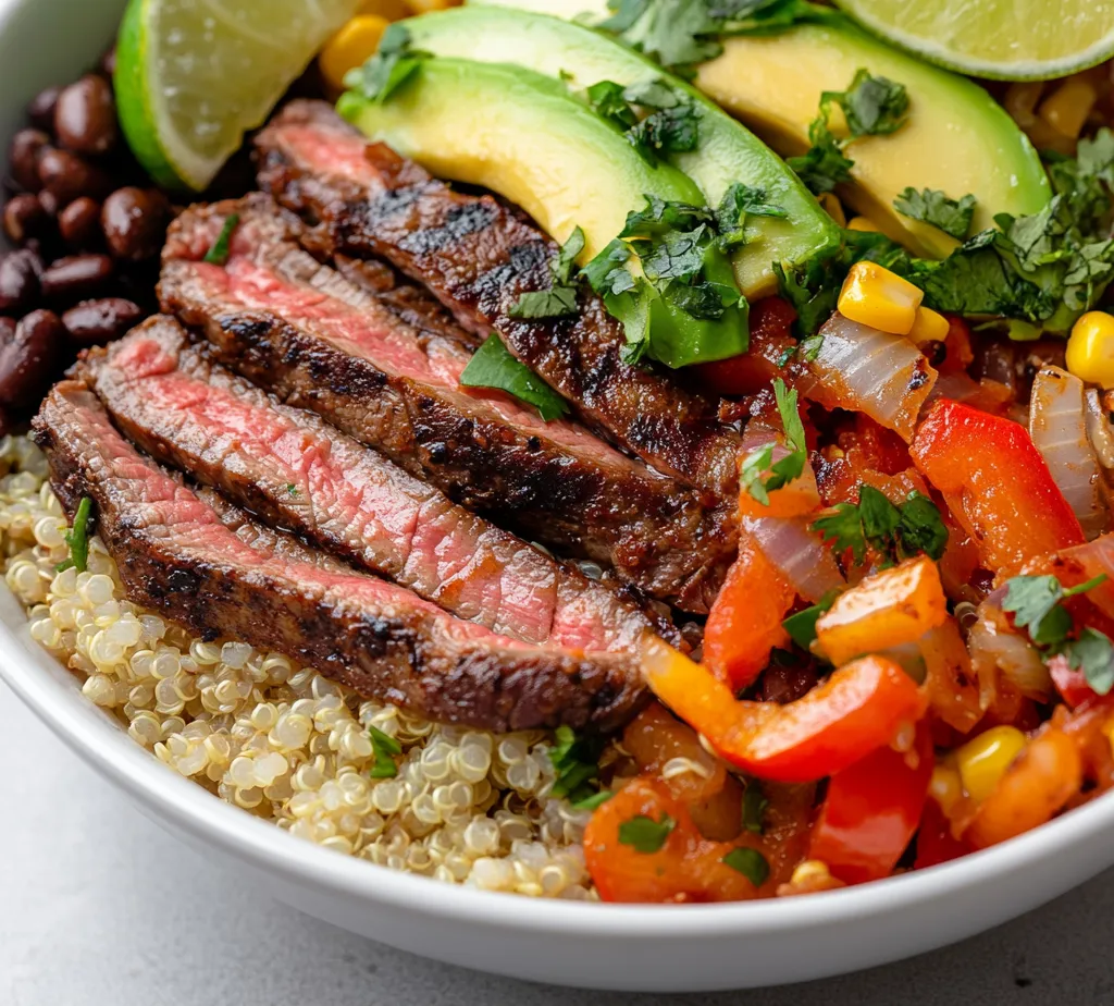 The Sizzling High-Protein Steak Fajita Bowl is a delightful and nutritious meal that not only highlights the robust flavors of marinated steak but also incorporates colorful vegetables and wholesome grains. This dish is perfect for a quick dinner after a long day or as part of an organized meal prep for the week ahead. The balance of savory steak, tender sautéed vegetables, and fresh toppings creates an appealing presentation that tantalizes both the eyes and the palate. You can serve it for family gatherings or weeknight dinners, and it provides a hearty blend of protein and fiber that will keep you satisfied.