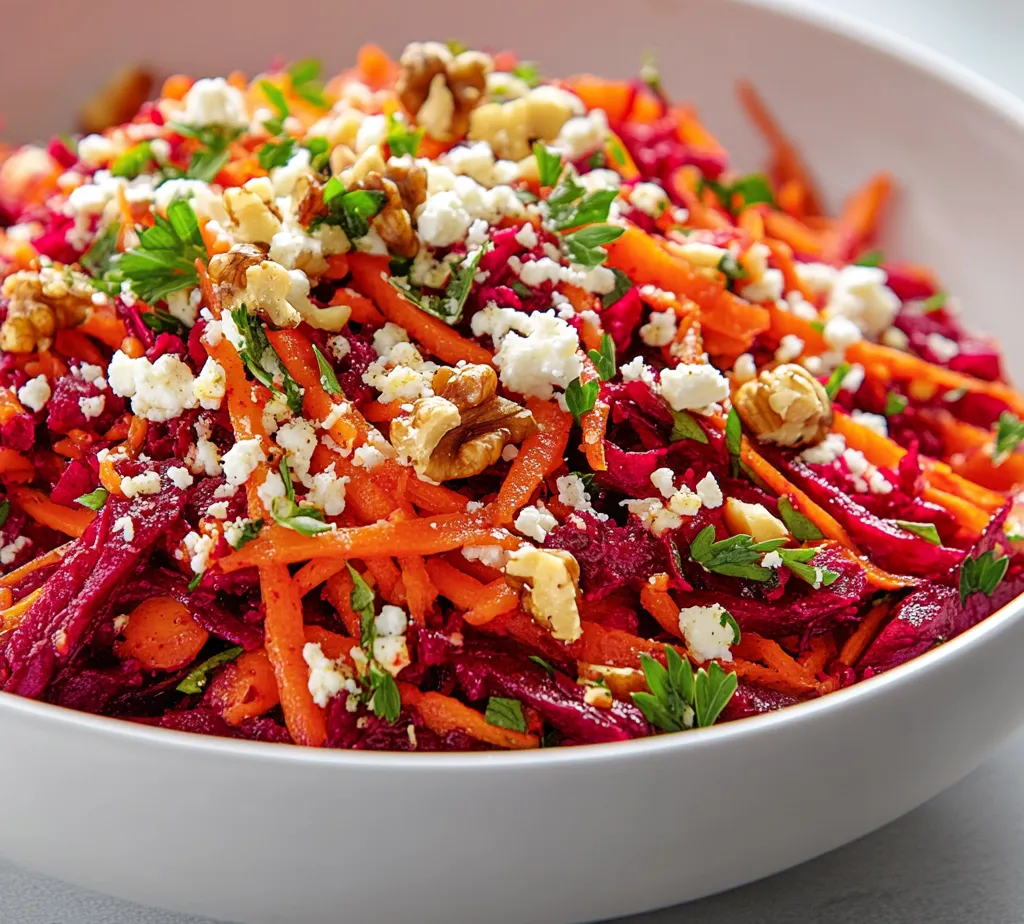 The Vibrant Beet and Carrot Crunch Salad is a delightful dish that bursts with color and flavor, making it a standout addition to any meal. This salad brings together the earthiness of beets, the sweetness of carrots, and the fresh aroma of parsley, all complemented by a simple yet effective dressing. Its visually appealing presentation and fresh ingredients not only satisfy the palate but are also aesthetically pleasing.