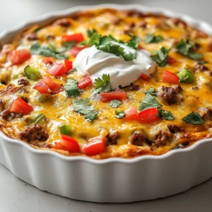 Crustless Taco Pie Delight is a deliciously inventive twist on traditional taco flavors, seamlessly fusing the comforting aspects of a pie with the bold and vibrant tastes that tacos are known for. This dish eliminates the need for a crust while retaining all the satisfying layers that taco enthusiasts crave. Packed with protein and flavor, it serves as a perfect meal for any time of the day, whether it’s a hearty lunch or a cozy dinner with family and friends.