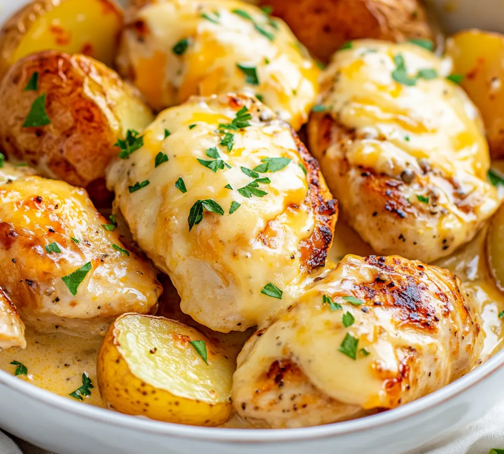 Creamy Garlic Cheesy Chicken with Baby Potatoes is a comfort food classic that brings together rich flavors and satisfying textures. This dish straddles the line between casual family fare and elegant gathering cuisine, making it the perfect choice for any occasion. The combination of creamy sauce, tender chicken, and buttery potatoes evokes a sense of warmth and coziness, perfect for a weeknight meal or a special dinner with loved ones.