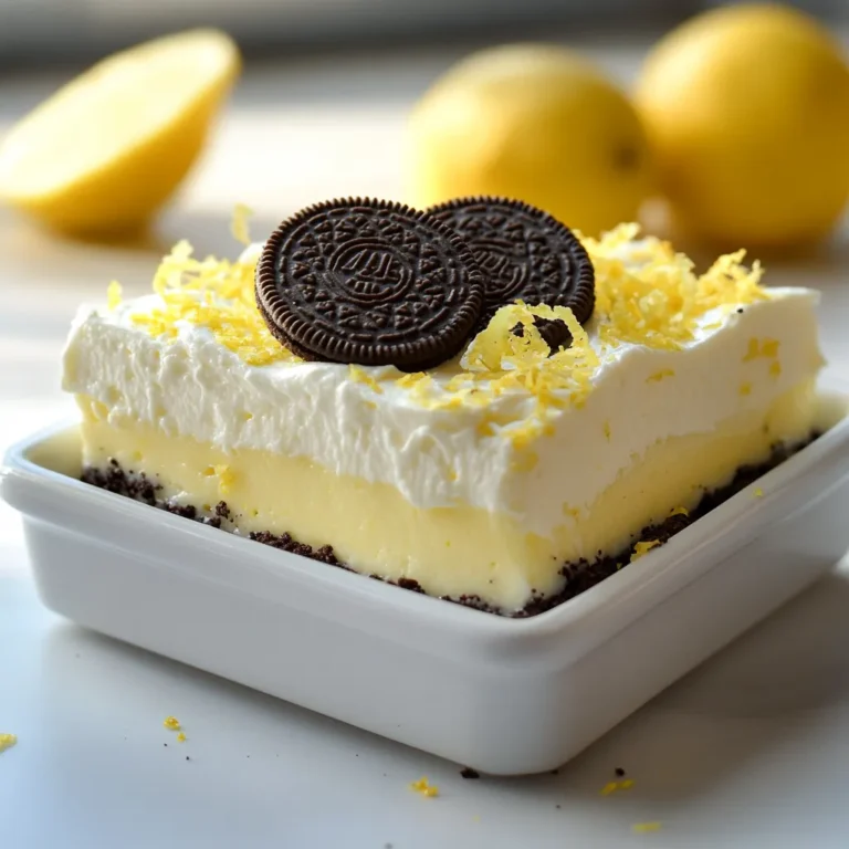 The Divine Lemon Oreo Delight is a tantalizing dessert that brings together the rich flavors of Oreo cookies and the refreshing zest of lemon. This layered treat is not only visually appealing with its striking yellow and black contrast but also promises a burst of delightful flavors with every bite. The combination of the crunchy Oreo crust, luscious cream cheese layer infused with zesty lemon, and rich lemon curd creates a harmonious blend that is hard to resist. Whether you are preparing for a festive gathering or simply treating yourself after a long day, this dessert is sure to satisfy any sweet craving while standing out as a showstopper at any occasion.