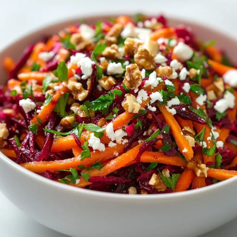 The Vibrant Beet and Carrot Crunch Salad is a delightful dish that bursts with color and flavor, making it a standout addition to any meal. This salad brings together the earthiness of beets, the sweetness of carrots, and the fresh aroma of parsley, all complemented by a simple yet effective dressing. Its visually appealing presentation and fresh ingredients not only satisfy the palate but are also aesthetically pleasing.
