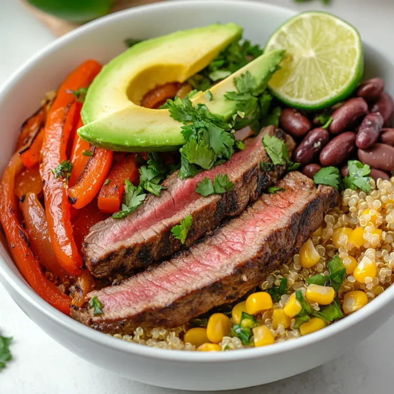 The Sizzling High-Protein Steak Fajita Bowl is a delightful and nutritious meal that not only highlights the robust flavors of marinated steak but also incorporates colorful vegetables and wholesome grains. This dish is perfect for a quick dinner after a long day or as part of an organized meal prep for the week ahead. The balance of savory steak, tender sautéed vegetables, and fresh toppings creates an appealing presentation that tantalizes both the eyes and the palate. You can serve it for family gatherings or weeknight dinners, and it provides a hearty blend of protein and fiber that will keep you satisfied.
