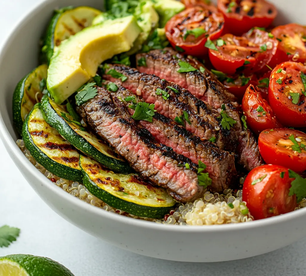 The Cozy Grilled Steak Bowl with Zucchini is a delightful combination of flavors and textures, perfect for an easy weeknight dinner or a meal prep option. This recipe showcases grilled flank steak, tender zucchini, and a hearty quinoa base, topped with fresh vegetables and creamy avocado. With its vibrant colors and mouthwatering aromas, this dish will impress both your family and friends.