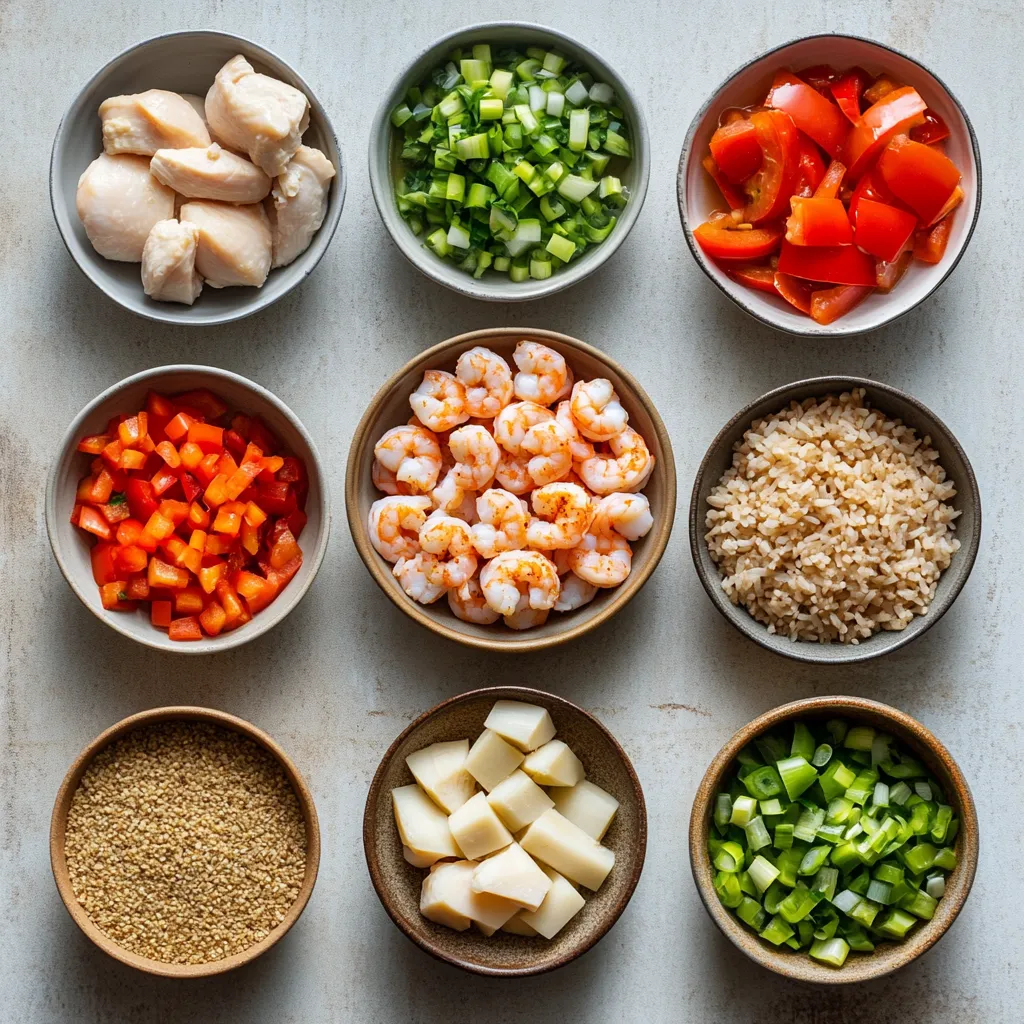 Jambalaya is a classic dish that brings a taste of Louisiana to your table. This one-pot meal is celebrated for its rich flavors and vibrant colors, combining ingredients like succulent shrimp, tender chicken, and aromatic spices. A perfect dish for family dinners or gatherings, it offers a delightful balance of proteins, veggies, and hearty brown rice, making it a well-rounded and filling choice.