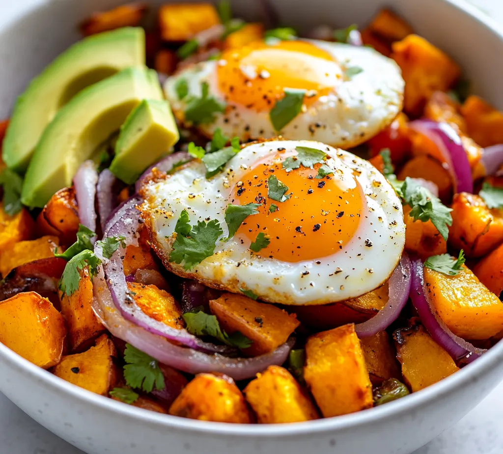 The Savory Sweet Potato Breakfast Hash with Creamy Avocado is a flavorful and wholesome breakfast option that provides an energetic start to your day. This dish beautifully balances the earthy sweetness of sweet potatoes with the protein-packed goodness of eggs and the smooth creaminess of ripe avocado. Stacked with vibrant colors from fresh vegetables, this hash is not just a treat for the taste buds but also a feast for the eyes. The addition of fresh cilantro offers a vibrant finishing touch, while a drizzle of hot sauce can elevate the flavors for those who crave a bit of spice. Perfect for lazy weekend mornings or a quick weekday breakfast, this dish promises satisfaction in every bite.