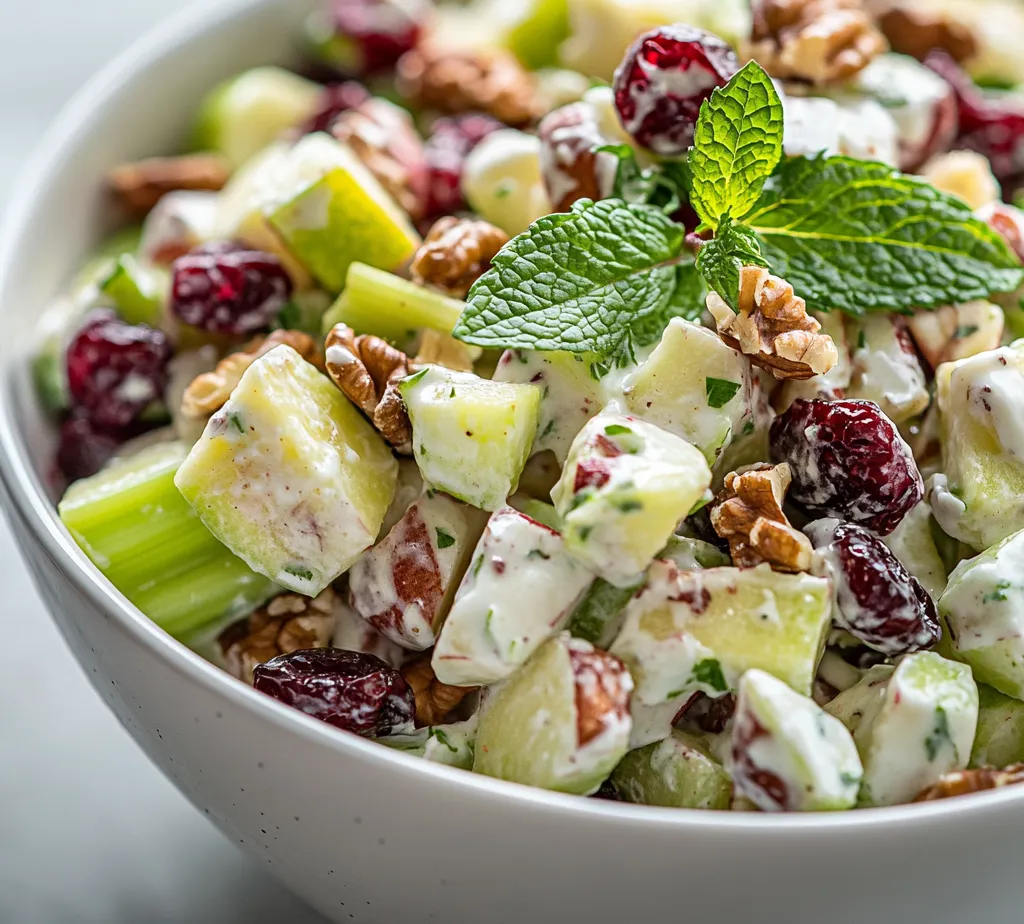 Crunchy Apple Delight Salad is a vibrant and refreshing dish that perfectly blends the crispness of apples with the delightful crunch of walnuts and the tart sweetness of dried cranberries. This salad is not only colorful and appealing but also a nutritious option for those seeking a light yet hearty meal. Served chilled, it's an ideal companion for summer picnics, holiday gatherings, or as a side dish at potlucks. The combination of textures—from the juicy apples to the crunchy nuts—creates a satisfying eating experience, while the creamy yogurt dressing ties everything together with a touch of sweetness and spice.