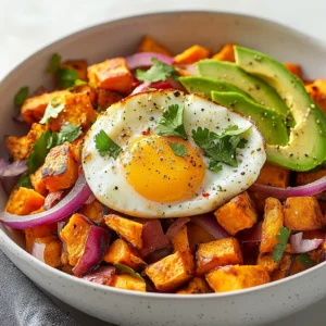 The Savory Sweet Potato Breakfast Hash with Creamy Avocado is a flavorful and wholesome breakfast option that provides an energetic start to your day. This dish beautifully balances the earthy sweetness of sweet potatoes with the protein-packed goodness of eggs and the smooth creaminess of ripe avocado. Stacked with vibrant colors from fresh vegetables, this hash is not just a treat for the taste buds but also a feast for the eyes. The addition of fresh cilantro offers a vibrant finishing touch, while a drizzle of hot sauce can elevate the flavors for those who crave a bit of spice. Perfect for lazy weekend mornings or a quick weekday breakfast, this dish promises satisfaction in every bite.