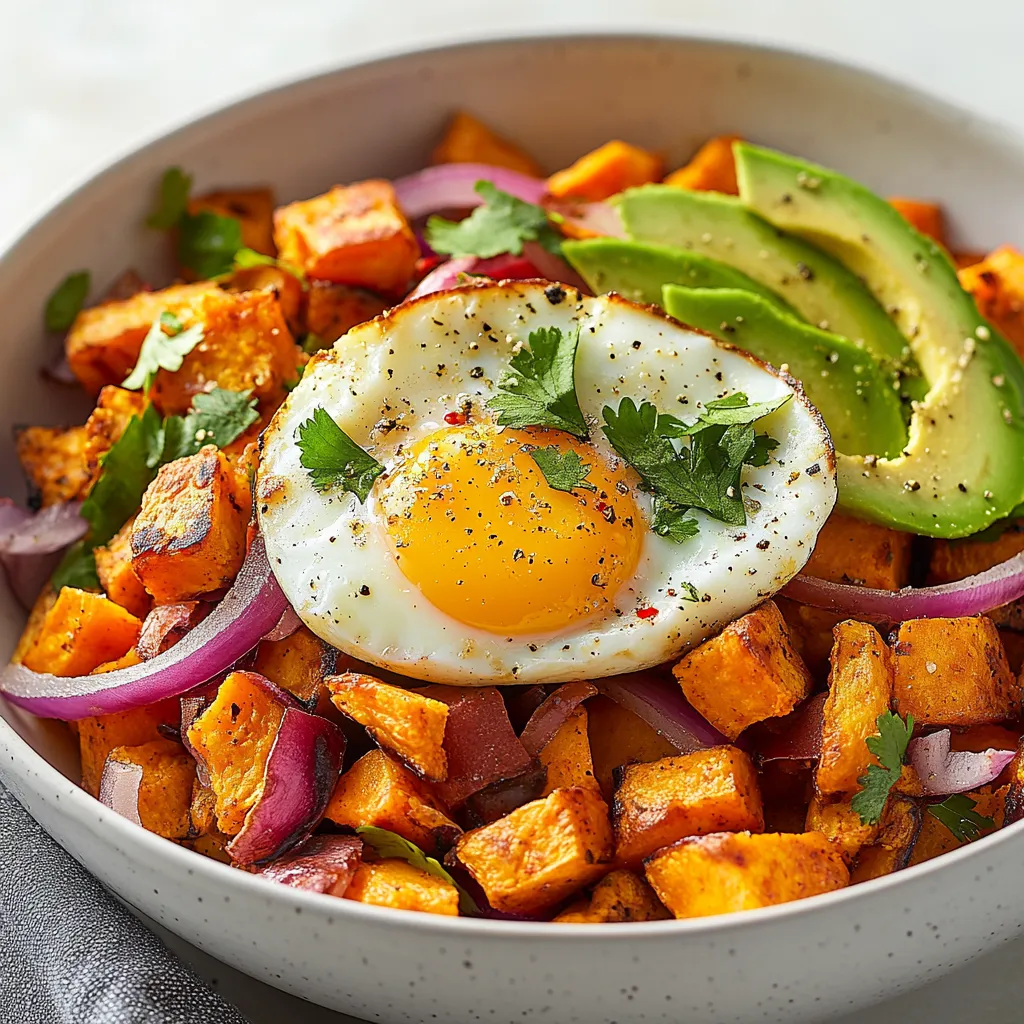 The Savory Sweet Potato Breakfast Hash with Creamy Avocado is a flavorful and wholesome breakfast option that provides an energetic start to your day. This dish beautifully balances the earthy sweetness of sweet potatoes with the protein-packed goodness of eggs and the smooth creaminess of ripe avocado. Stacked with vibrant colors from fresh vegetables, this hash is not just a treat for the taste buds but also a feast for the eyes. The addition of fresh cilantro offers a vibrant finishing touch, while a drizzle of hot sauce can elevate the flavors for those who crave a bit of spice. Perfect for lazy weekend mornings or a quick weekday breakfast, this dish promises satisfaction in every bite.