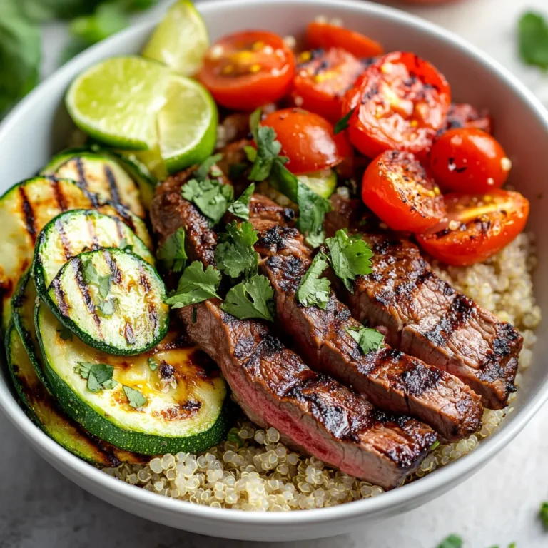 The Cozy Grilled Steak Bowl with Zucchini is a delightful combination of flavors and textures, perfect for an easy weeknight dinner or a meal prep option. This recipe showcases grilled flank steak, tender zucchini, and a hearty quinoa base, topped with fresh vegetables and creamy avocado. With its vibrant colors and mouthwatering aromas, this dish will impress both your family and friends.