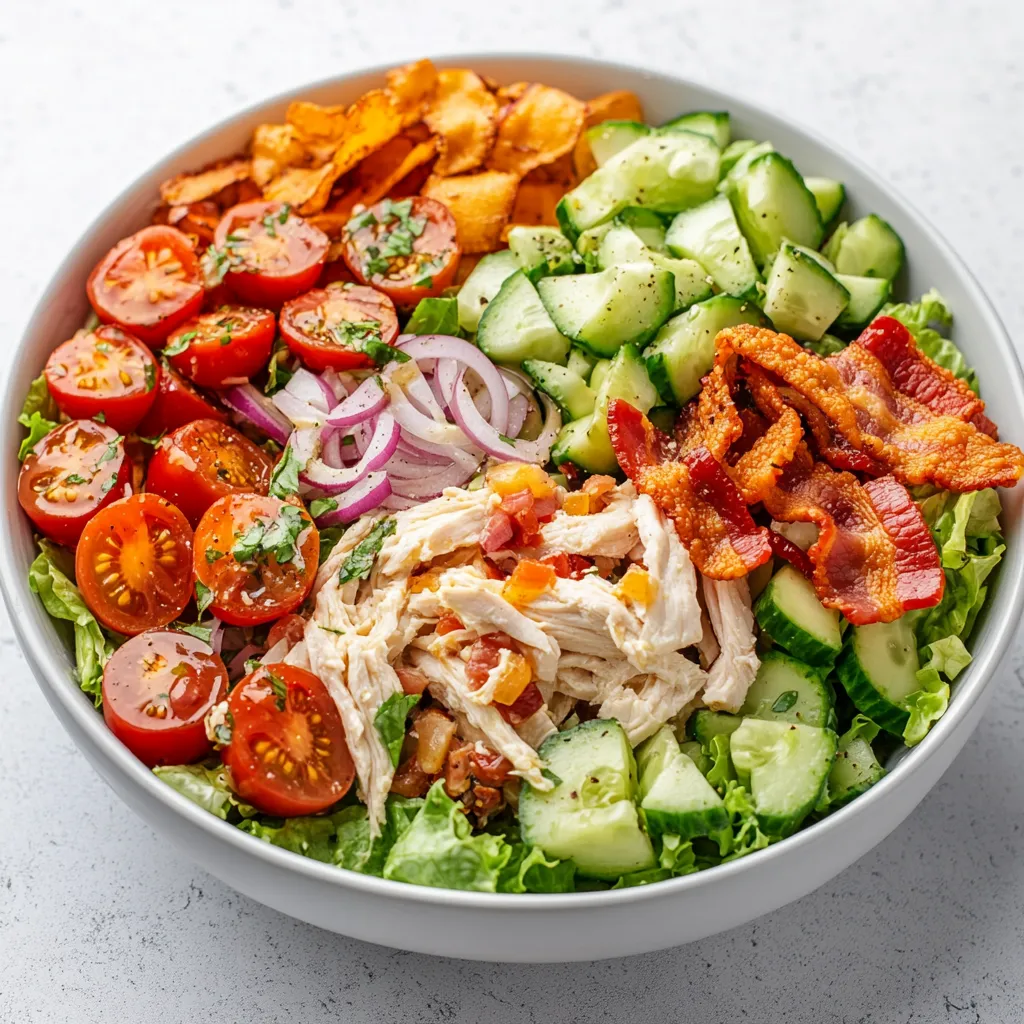 Explore the deliciously satisfying world of meal prep with this refreshing BLT Chicken Salad. Perfect for busy weekdays, this salad blends crispy bacon, tender chicken, and fresh vegetables, all coated in a zesty dressing. An ideal choice for those looking to maintain a healthy diet without sacrificing flavor, this salad excels in both taste and convenience. Whether you're packing your lunch for work or looking for a quick dinner option, this meal provides vibrant colors and tantalizing textures that can make any mealtime feel special.