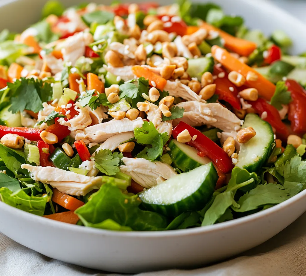 Asian Chopped Chicken Salad offers a delightful combination of vibrant colors, fresh ingredients, and a deliciously creamy peanut dressing that makes it an appealing dish for any meal. This salad not only looks good but also packs a punch in flavor. The mix of crunchy vegetables and tender chicken creates an exciting texture that tantalizes the taste buds, while the peanut dressing adds a rich, nutty flavor that ties everything together perfectly.