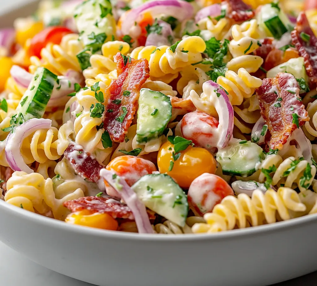 Delve into the delightful world of creamy pasta salads with this irresistible Creamy Bacon Cheddar Ranch Pasta Salad. This dish combines the rich flavors of crumbled bacon and sharp cheddar cheese with the freshness of vegetables, all enveloped in a creamy dressing. Not only does it come together easily, but the balance of savory and creamy ingredients ensures that it's a guaranteed crowd-pleaser. Whether you’re hosting a potluck, enjoying a family gathering, or just looking for a simple dish to accompany a casual weeknight dinner, this pasta salad is a fantastic addition to the menu.