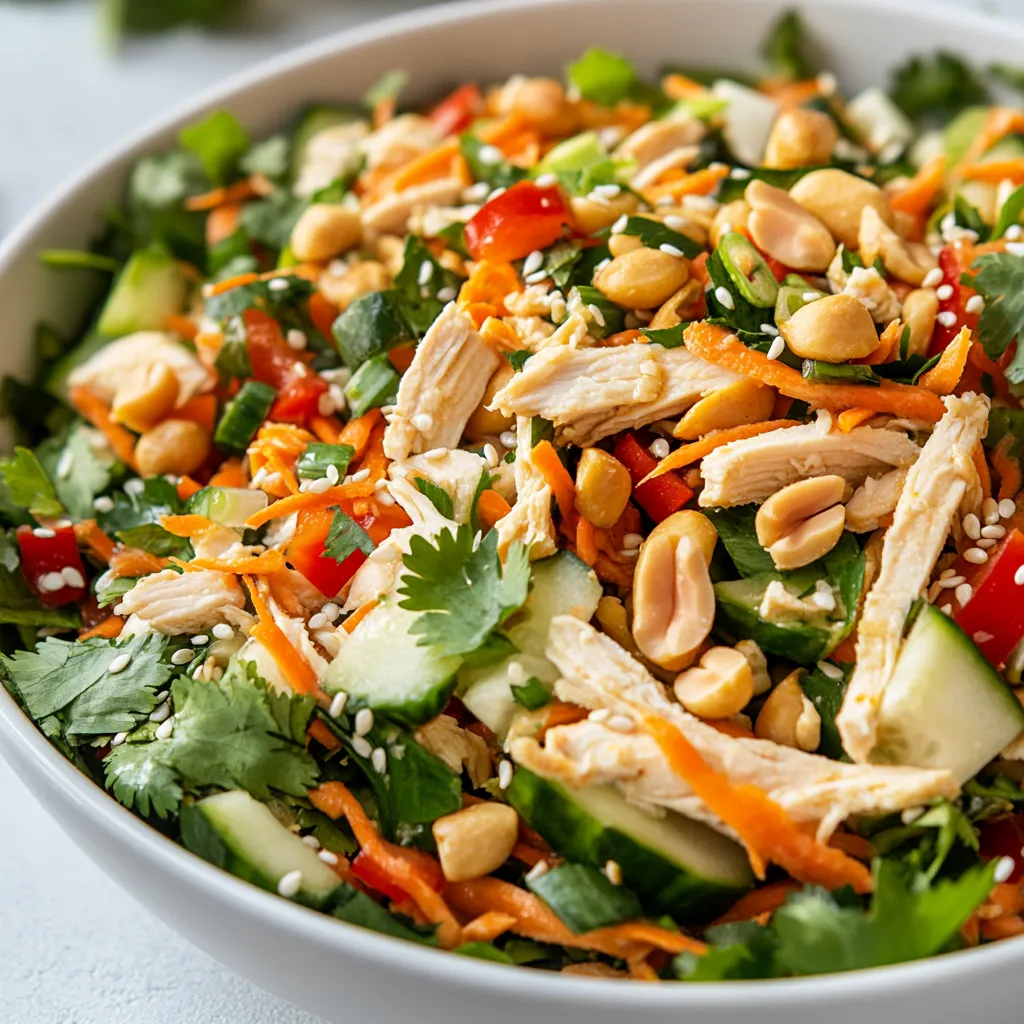 Asian Chopped Chicken Salad offers a delightful combination of vibrant colors, fresh ingredients, and a deliciously creamy peanut dressing that makes it an appealing dish for any meal. This salad not only looks good but also packs a punch in flavor. The mix of crunchy vegetables and tender chicken creates an exciting texture that tantalizes the taste buds, while the peanut dressing adds a rich, nutty flavor that ties everything together perfectly.