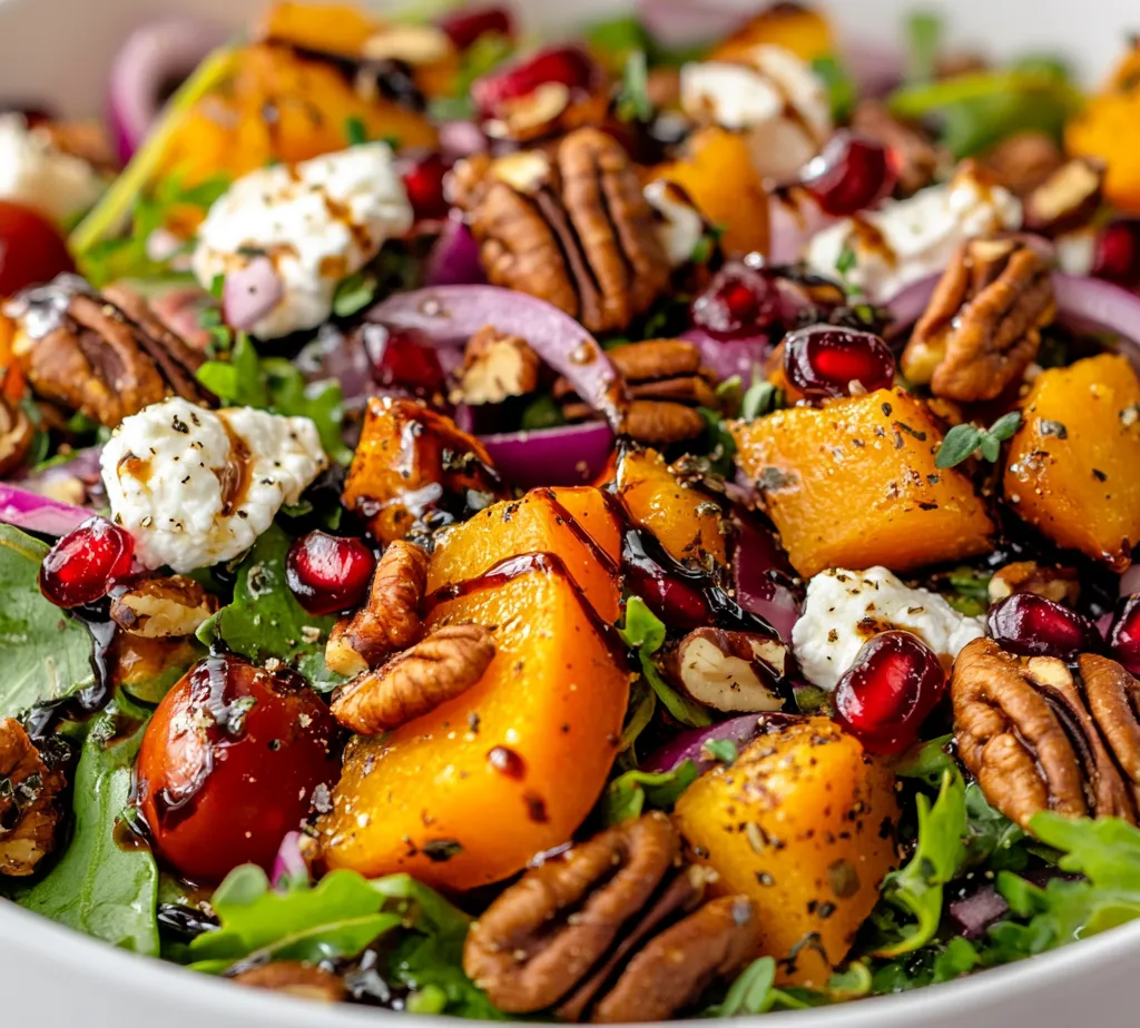 Exploring the essence of festive flavors and vibrant colors, this show-stopping Christmas salad brings together a delightful mix of textures and tastes. The salad features a beautiful combination of colors, from the deep greens of the mixed salad leaves to the ruby red of fresh pomegranate seeds and the warm golden hue of roasted butternut squash. Each bite offers a variety of flavors and sensations, making it an appealing addition to any holiday table. Perfect for holiday gatherings, it is not only visually appealing but also offers a wholesome medley that can complement any festive meal, whether served as an appetizer or as a side dish with roasted meats.