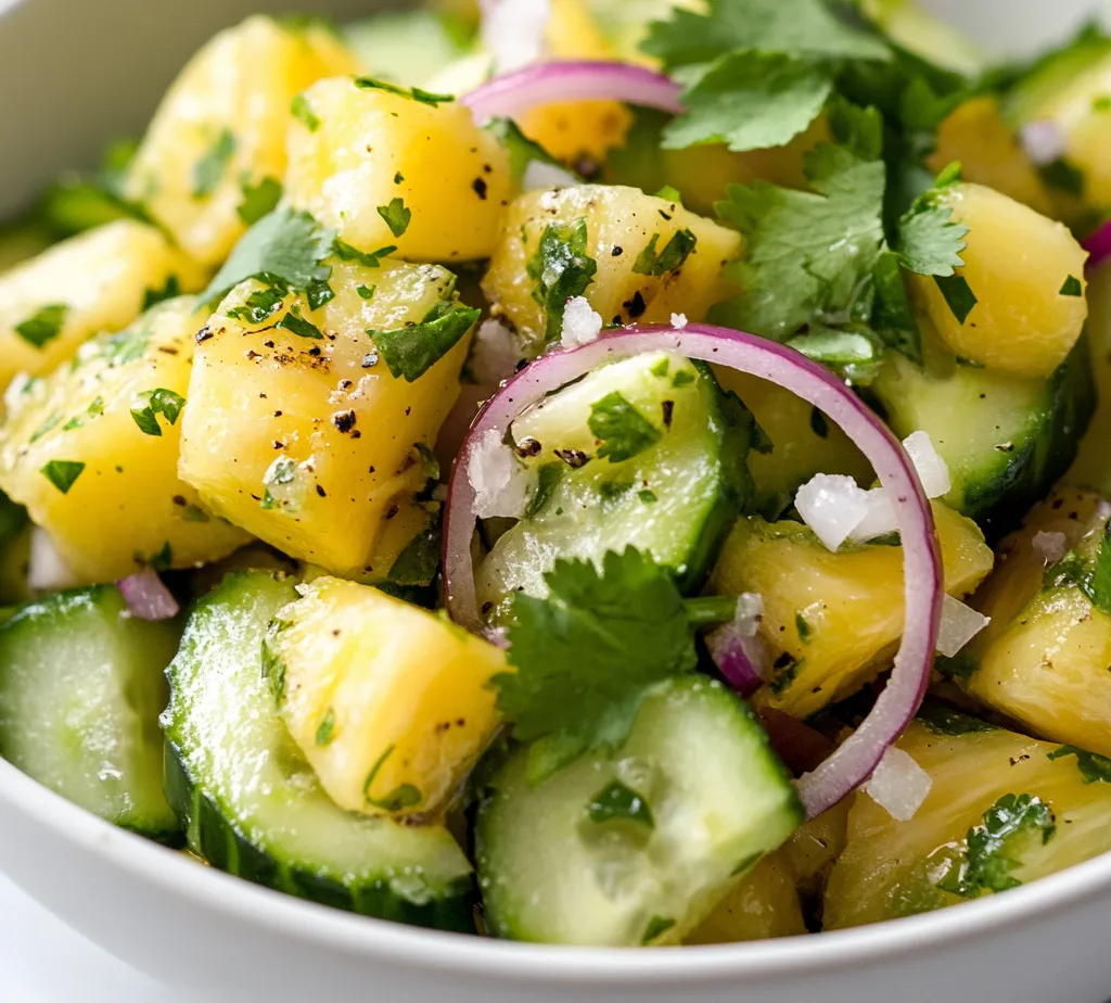 There's an unmistakable joy in savoring a salad that not only refreshes but also invigorates the taste buds. The Refreshing Pineapple Cucumber Salad embodies these qualities, offering a sweet and tangy profile that is both delightful and invigorating. Combining the juiciness of ripe pineapple with the crispness of cucumber creates a salad that's ideally suited for warm weather—perfect for picnics, barbecues, or as a light side dish during dinner. The subtle touch of red onion provides a mild peppery crunch, while cilantro introduces a fresh herbaceous note that elevates the overall flavor.