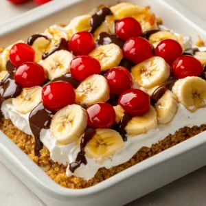 This no-bake banana split dessert is the perfect summer treat, combining all the flavors of a classic banana split into a creamy, indulgent delight. Ideal for gatherings or a sweet family dessert, this recipe requires no baking and is easy to prepare, making it a favorite for both seasoned cooks and kitchen novices alike. With ripe bananas, fresh strawberries, and crushed pineapple layered upon a smooth cream cheese mixture and graham cracker crust, this dessert offers a refreshing respite on a warm day.