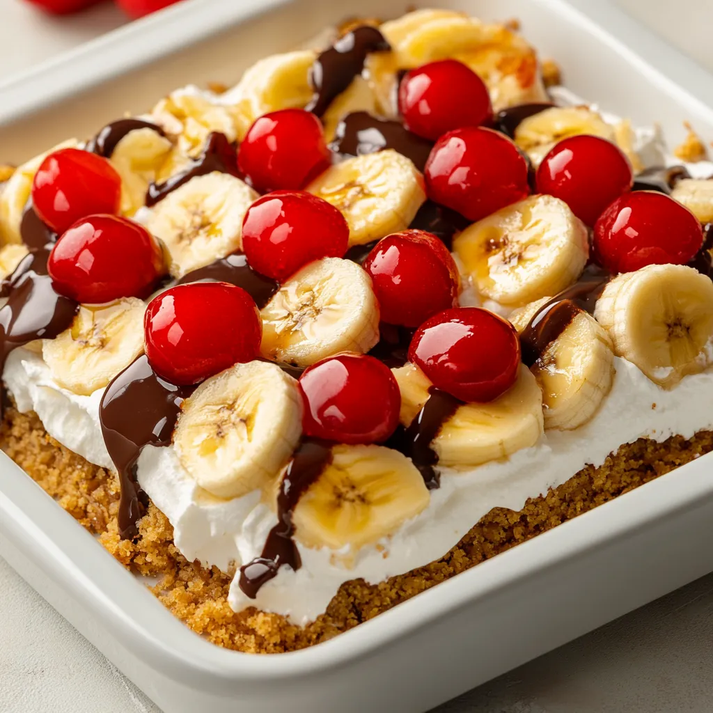 This no-bake banana split dessert is the perfect summer treat, combining all the flavors of a classic banana split into a creamy, indulgent delight. Ideal for gatherings or a sweet family dessert, this recipe requires no baking and is easy to prepare, making it a favorite for both seasoned cooks and kitchen novices alike. With ripe bananas, fresh strawberries, and crushed pineapple layered upon a smooth cream cheese mixture and graham cracker crust, this dessert offers a refreshing respite on a warm day.