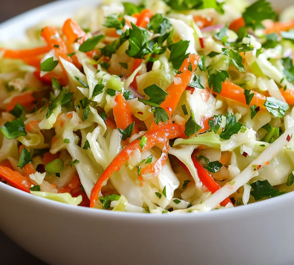 This Crunchy Cabbage & Carrot Medley is a vibrant and nutritious salad that's perfect for any occasion. Combining the crisp texture of green cabbage with the sweetness of freshly grated carrots and vibrant red bell peppers, it creates a delightful dish that can be served as a refreshing side or a light lunch. The medley is not just visually appealing but also beautifully textured, making it a joy to eat. The addition of fresh herbs, such as parsley, adds a burst of flavor that complements the simplicity of the vegetables.