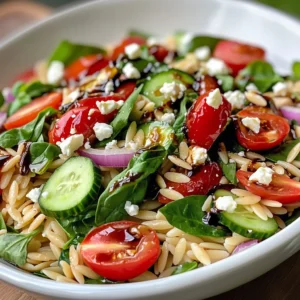 The Vibrant Balsamic Orzo Salad is a delightful dish that stands out for its fresh flavors and eye-catching colors. With the perfect mix of orzo pasta, crisp vegetables, and a zesty dressing, this salad brings a taste of summer to any table, making it an excellent choice for light meals and gatherings alike. The combination of spinach, cherry tomatoes, and cucumber creates a crisp, refreshing bite, while the feta cheese—if added—offers a creamy element that perfectly contrasts the tanginess of the balsamic dressing.