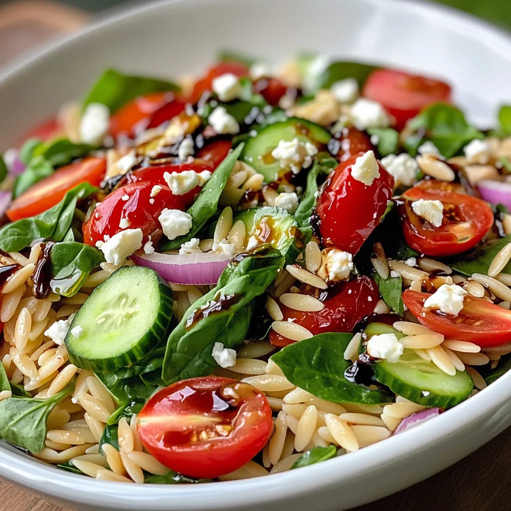 The Vibrant Balsamic Orzo Salad is a delightful dish that stands out for its fresh flavors and eye-catching colors. With the perfect mix of orzo pasta, crisp vegetables, and a zesty dressing, this salad brings a taste of summer to any table, making it an excellent choice for light meals and gatherings alike. The combination of spinach, cherry tomatoes, and cucumber creates a crisp, refreshing bite, while the feta cheese—if added—offers a creamy element that perfectly contrasts the tanginess of the balsamic dressing.