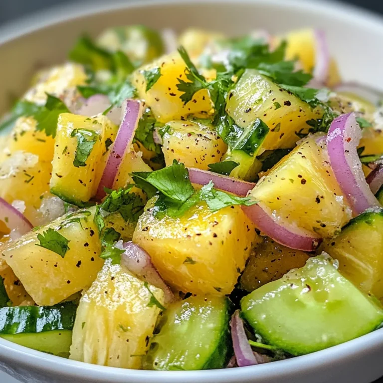 There's an unmistakable joy in savoring a salad that not only refreshes but also invigorates the taste buds. The Refreshing Pineapple Cucumber Salad embodies these qualities, offering a sweet and tangy profile that is both delightful and invigorating. Combining the juiciness of ripe pineapple with the crispness of cucumber creates a salad that's ideally suited for warm weather—perfect for picnics, barbecues, or as a light side dish during dinner. The subtle touch of red onion provides a mild peppery crunch, while cilantro introduces a fresh herbaceous note that elevates the overall flavor.