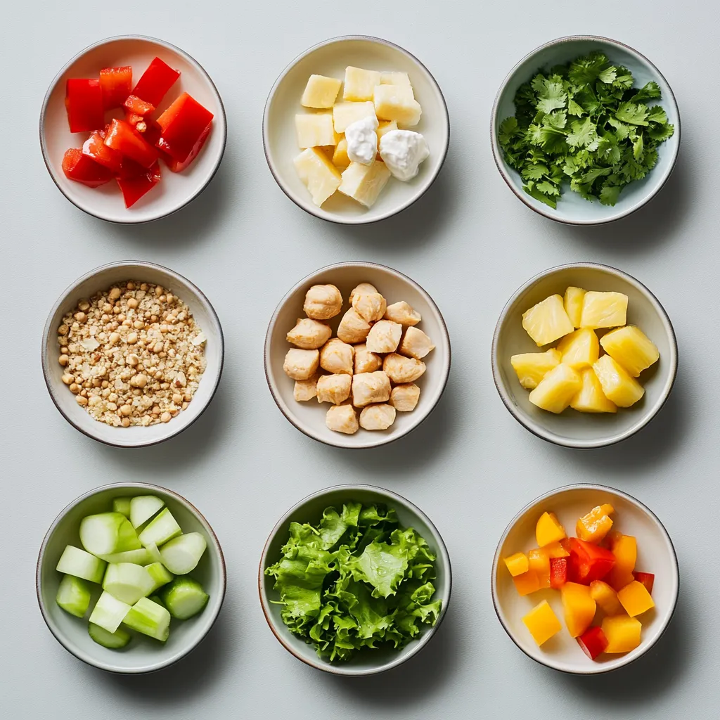 Tropical Hawaiian Chicken Salad is a delightful blend of flavors and textures, ideal for those looking for a refreshing, low-carb meal. This salad combines tender, shredded chicken with sweet, juicy pineapple, crunchy red bell peppers, and fresh green onions, all brought together with a creamy dressing made from plain Greek yogurt. The included fresh cilantro adds a burst of flavor, making this salad not only vibrant in appearance but also in taste. Perfect for summer picnics or light dinners, this dish is sure to transport your taste buds straight to the tropics.
