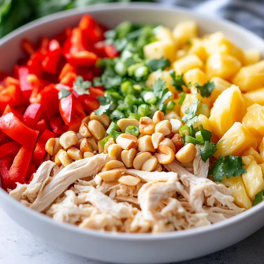 Tropical Hawaiian Chicken Salad is a delightful blend of flavors and textures, ideal for those looking for a refreshing, low-carb meal. This salad combines tender, shredded chicken with sweet, juicy pineapple, crunchy red bell peppers, and fresh green onions, all brought together with a creamy dressing made from plain Greek yogurt. The included fresh cilantro adds a burst of flavor, making this salad not only vibrant in appearance but also in taste. Perfect for summer picnics or light dinners, this dish is sure to transport your taste buds straight to the tropics.