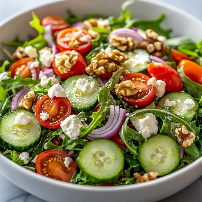 The Arugula Bliss Salad with Lively Lemon Dressing is a vibrant and refreshing dish that combines the peppery notes of arugula with the sweetness of cherry tomatoes and the creaminess of feta cheese. This salad is perfect for any occasion, whether it’s a summer picnic, a light lunch, or as an elegant side dish for a dinner gathering. The lively lemon dressing enhances the natural flavors of the ingredients, making each bite a delightful experience.