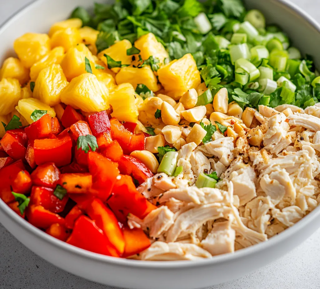 Tropical Hawaiian Chicken Salad is a delightful blend of flavors and textures, ideal for those looking for a refreshing, low-carb meal. This salad combines tender, shredded chicken with sweet, juicy pineapple, crunchy red bell peppers, and fresh green onions, all brought together with a creamy dressing made from plain Greek yogurt. The included fresh cilantro adds a burst of flavor, making this salad not only vibrant in appearance but also in taste. Perfect for summer picnics or light dinners, this dish is sure to transport your taste buds straight to the tropics.