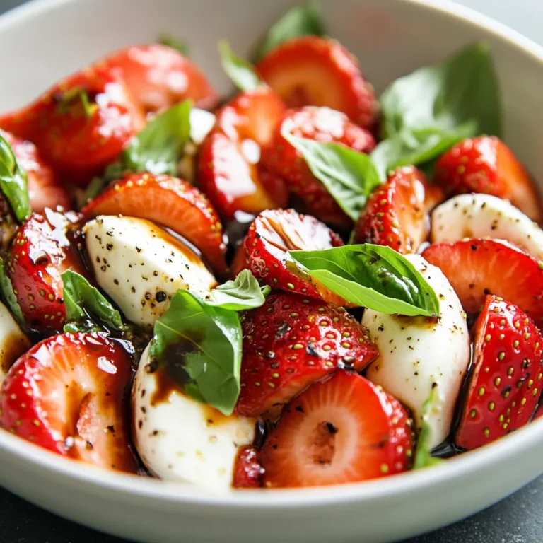 The Balsamic Strawberry Caprese Salad is a refreshing twist on the classic Caprese dish, combining the sweet and tangy flavors of fresh strawberries with the creaminess of mozzarella cheese. This vibrant salad is not simply a feast for the eyes; it is a harmonious blend of flavors that plays brilliantly on the palate. The freshly sliced strawberries provide a succulent sweetness that contrasts beautifully with the rich, milky texture of the mozzarella, while the aromatic basil leaves deliver an invigorating essence that elevates the entire dish.