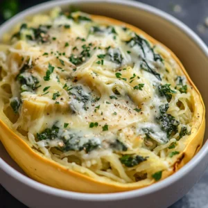 The marriage of flavors in Spinach and Artichoke Stuffed Spaghetti Squash offers a delightful twist to traditional comfort food. This dish not only brings a vibrant color palette to your table but also provides a healthy alternative to pasta. The creamy filling composed of artichoke hearts and fresh spinach nestled in the tender strands of spaghetti squash creates an exquisite harmony of textures and flavors that is simply irresistible. It’s rich in nutrients, making it an excellent choice for those seeking a lighter yet satisfying meal.