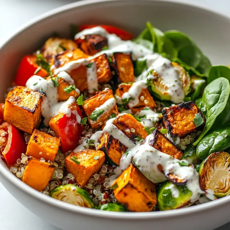 The Radiant Veggie Bowl with Creamy Tahini Yogurt Sauce is a vibrant and healthful dish that offers a delightful combination of roasted vegetables and creamy, tangy sauce. Bursting with color and flavor, this bowl is not just a feast for the eyes but also a nourishing meal packed with essential nutrients. Featuring a medley of sweet potatoes, Brussels sprouts, red bell peppers, and zucchini, this recipe not only brings together various textures but also a delightful array of tastes.