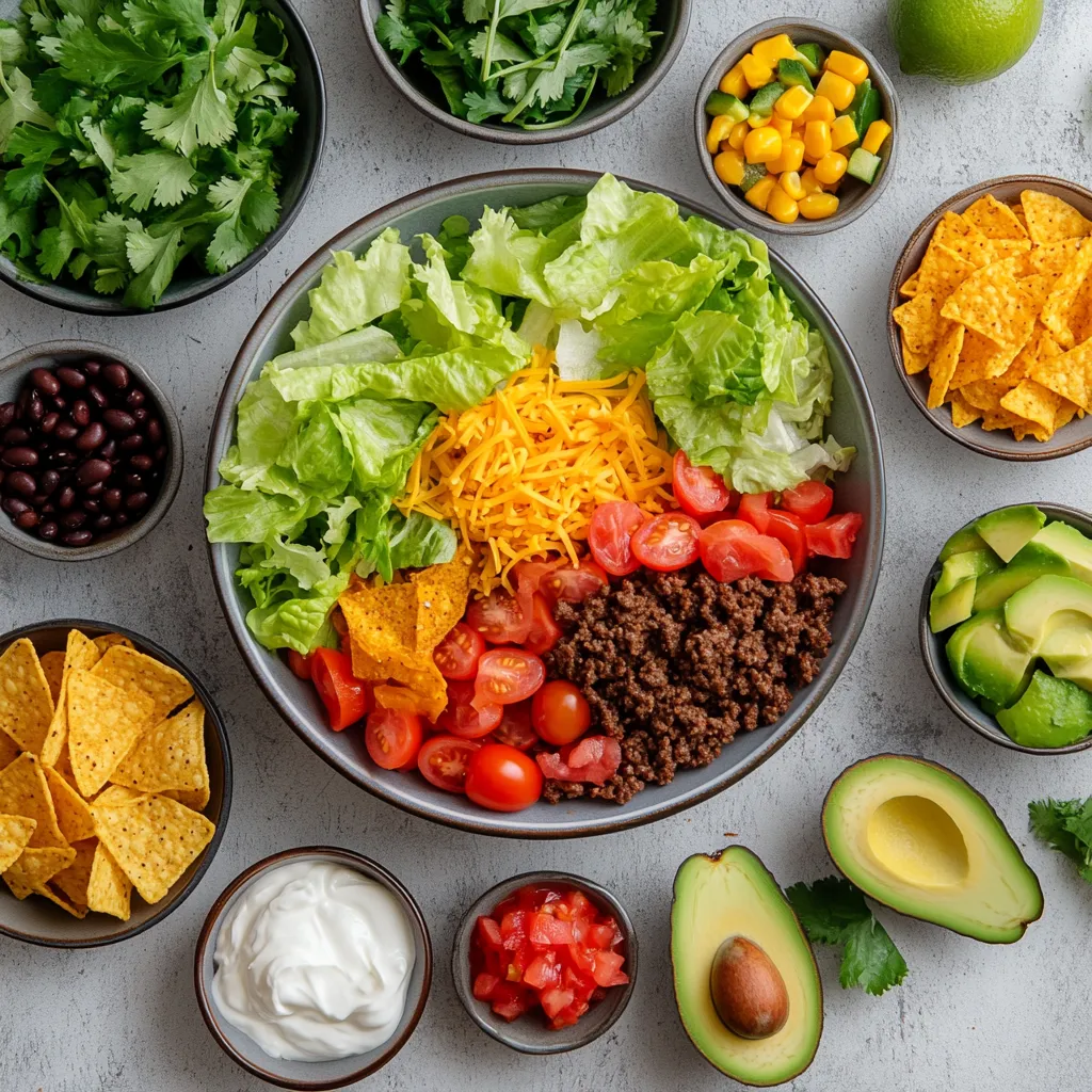 Fiesta Ground Beef Taco Salad Delight is a vibrant, flavorful dish that perfectly embodies the spirit of a casual gathering. Rich in color and texture, this taco salad offers a delightful mix of seasoned ground beef, fresh vegetables, creamy toppings, and crispy garnishes. It is an effortless dish that caters to different taste preferences, making it an excellent choice for family dinners, potlucks, or casual get-togethers with friends. The combination of ingredients creates a healthy meal bursting with flavor—a sure hit for taco lovers and salad enthusiasts alike.