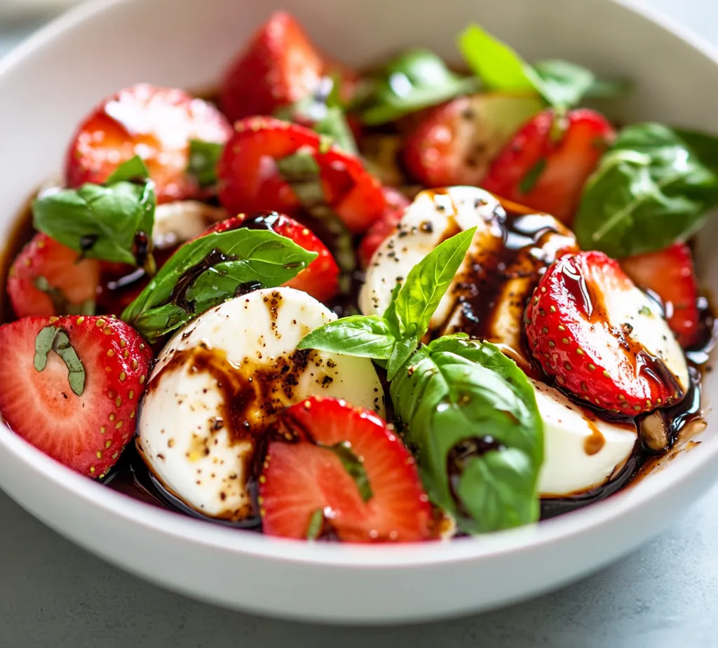 The Balsamic Strawberry Caprese Salad is a refreshing twist on the classic Caprese dish, combining the sweet and tangy flavors of fresh strawberries with the creaminess of mozzarella cheese. This vibrant salad is not simply a feast for the eyes; it is a harmonious blend of flavors that plays brilliantly on the palate. The freshly sliced strawberries provide a succulent sweetness that contrasts beautifully with the rich, milky texture of the mozzarella, while the aromatic basil leaves deliver an invigorating essence that elevates the entire dish.