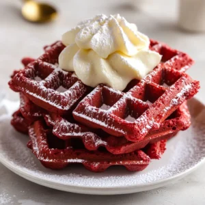 Red velvet waffles offer a truly unique twist on your traditional breakfast dish, merging the classic chocolate flavor of red velvet cake with the comforting, fluffy texture of a waffle. Their vibrant color and rich taste make them not only a feast for the palate but also a feast for the eyes. This delightful breakfast or brunch option is sure to impress your family and guests, and it’s particularly perfect for special occasions or a leisurely weekend morning.