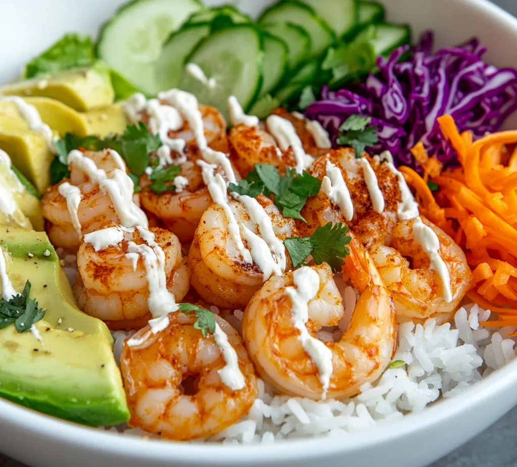 This recipe for Zesty Shrimp Rice Bowls with Creamy Spicy Mayo Drizzle is a vibrant and flavorful dish that showcases the deliciousness of shrimp alongside fresh vegetables. The combination of marinated shrimp and colorful toppings, such as avocado and red cabbage, not only creates an appealing visual but also provides a delightful medley of textures and flavors. Each bite bursts with freshness, making this bowl a staple for anyone looking for a healthy yet satisfying meal.